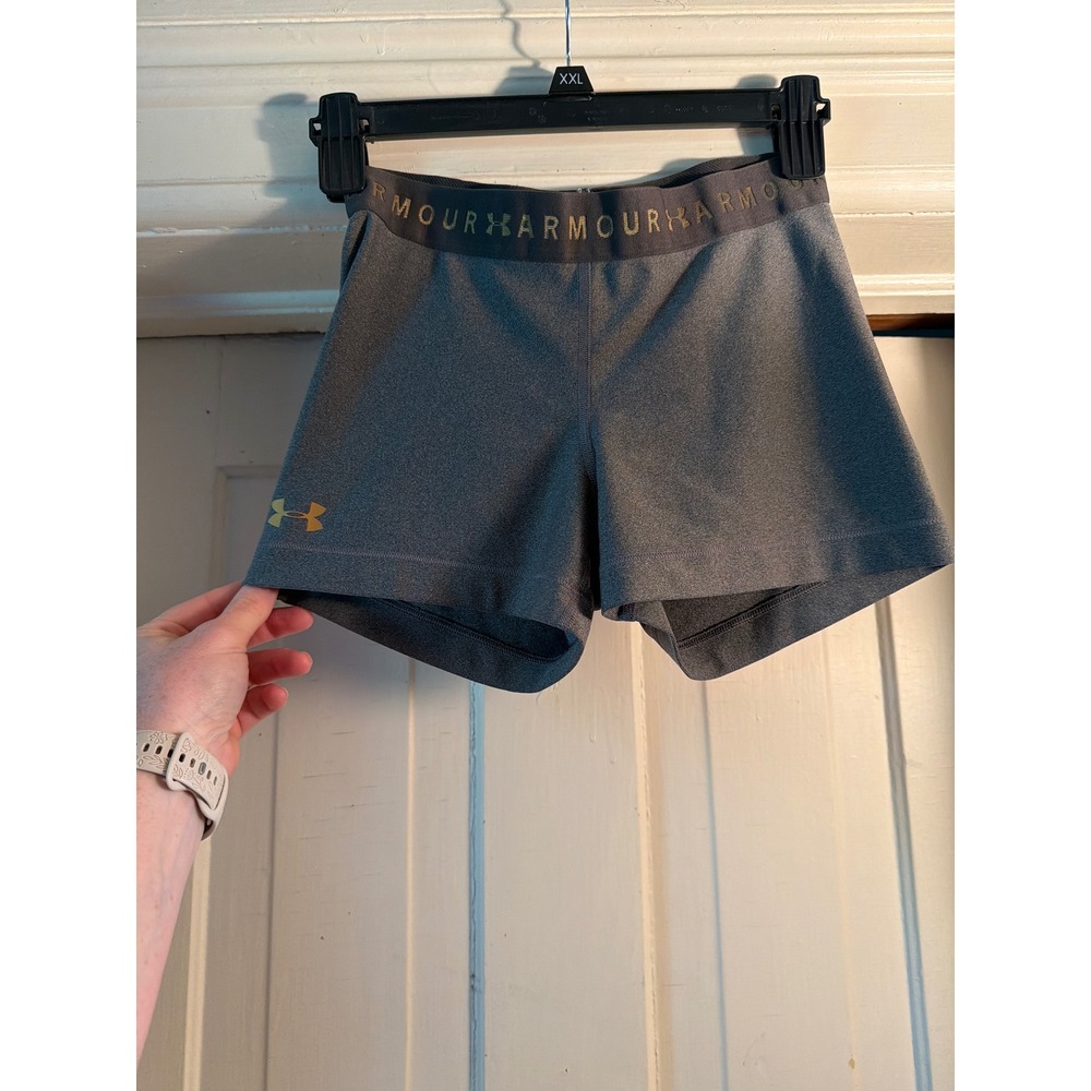 Under Armour HeatGear Compression Shorts Womens Medium Gray Gold Logo Athletic